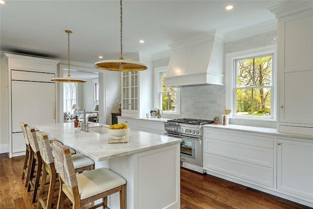 kitchen featuring dark wood-type flooring, high end stainless steel range, backsplash, white cabinetry, and premium range hood