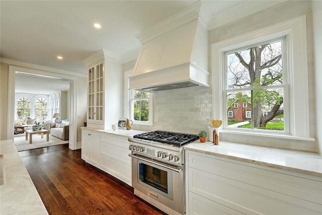 kitchen featuring light stone countertops, custom exhaust hood, decorative backsplash, stainless steel stove, and white cabinets