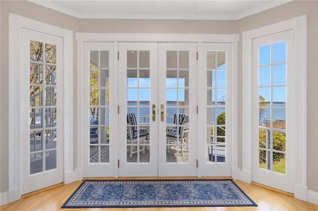 doorway with wood finished floors, a water view, and french doors