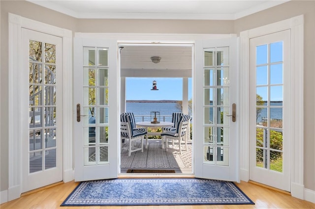 entryway featuring wood finished floors, a wealth of natural light, and a water view