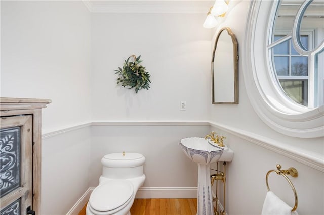 bathroom with wood finished floors, toilet, and baseboards