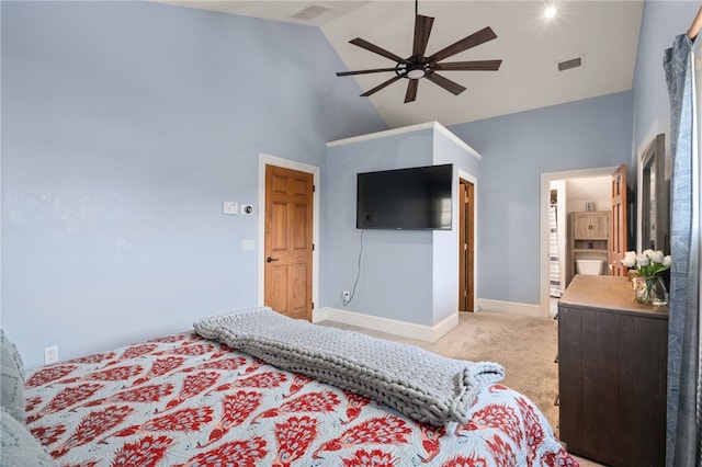 bedroom featuring light carpet, baseboards, visible vents, and high vaulted ceiling