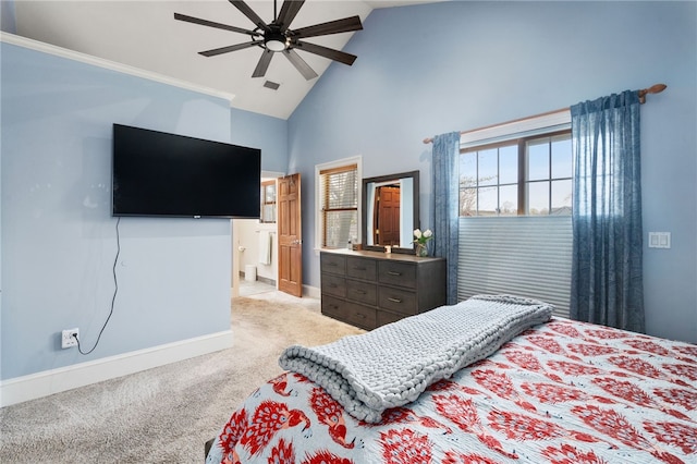 bedroom with high vaulted ceiling, light carpet, a ceiling fan, and baseboards