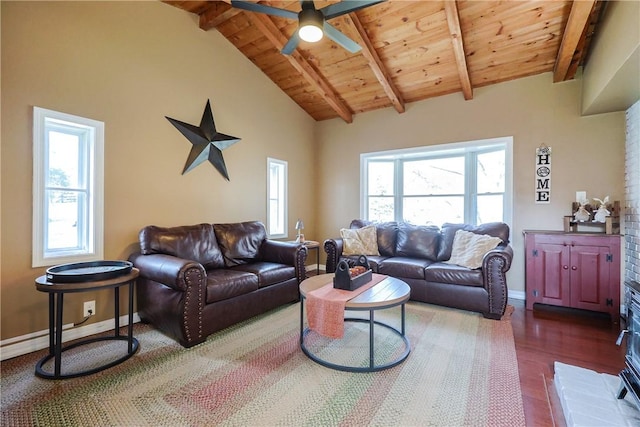living room featuring wooden ceiling, baseboards, ceiling fan, and dark wood-style floors