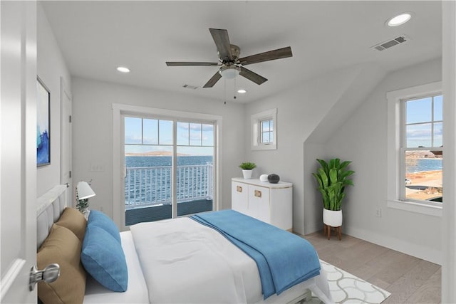 bedroom featuring recessed lighting, light wood-type flooring, visible vents, and access to exterior