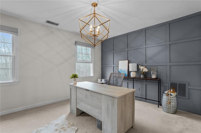 10 David Ct, East Greenwich, RI 02818 - office featuring a chandelier, a decorative wall, light colored carpet, and visible vents