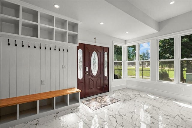 76 Bank St, North Attleboro, MA 02760 - mudroom with baseboards, marble finish floor, and recessed lighting