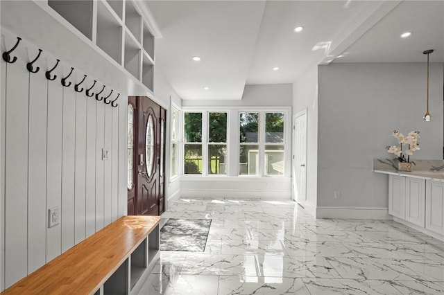 76 Bank St, North Attleboro, MA 02760 - mudroom featuring marble finish floor, baseboards, and recessed lighting