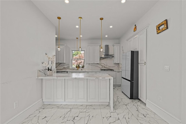 76 Bank St, North Attleboro, MA 02760 - kitchen with recessed lighting, wall chimney range hood, freestanding refrigerator, baseboards, and a peninsula