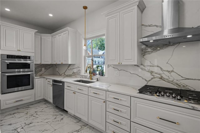 76 Bank St, North Attleboro, MA 02760 - kitchen featuring wall chimney exhaust hood, a sink, recessed lighting, marble finish floor, and appliances with stainless steel finishes