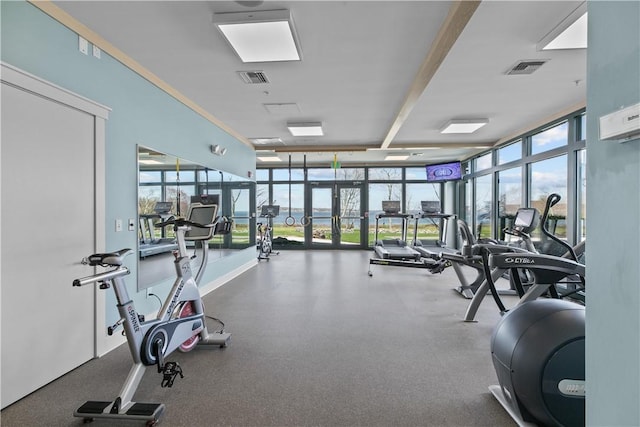 exercise room with expansive windows and visible vents