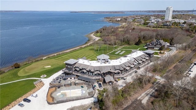 bird's eye view featuring view of golf course and a water view