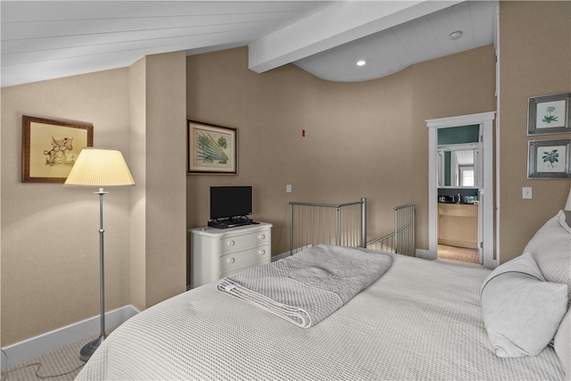 carpeted bedroom featuring vaulted ceiling with beams and baseboards