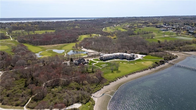 aerial view featuring golf course view and a water view