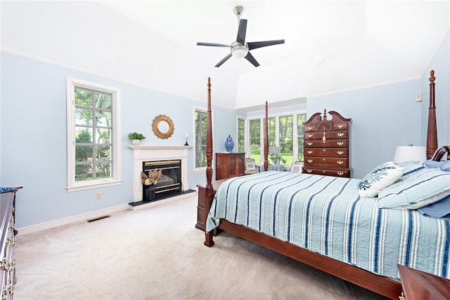 29 Reliance Dr, Bristol, RI 02809 - bedroom featuring a glass covered fireplace, baseboards, visible vents, carpet, and a ceiling fan