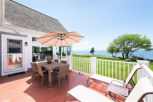 29 Reliance Dr, Bristol, RI 02809 - wooden terrace with a lawn, a water view, and outdoor dining space