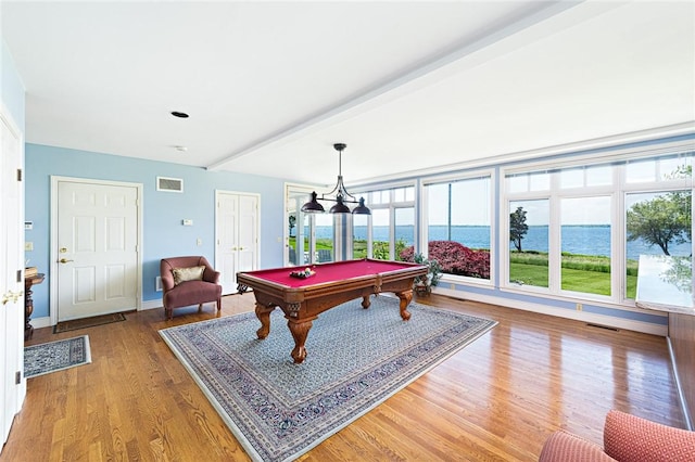 29 Reliance Dr, Bristol, RI 02809 - playroom featuring a water view, baseboards, visible vents, wood finished floors, and pool table