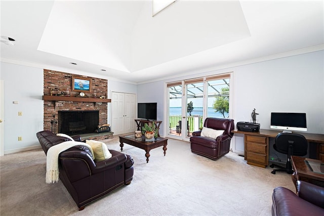 29 Reliance Dr, Bristol, RI 02809 - living room with a brick fireplace, light colored carpet, and ornamental molding