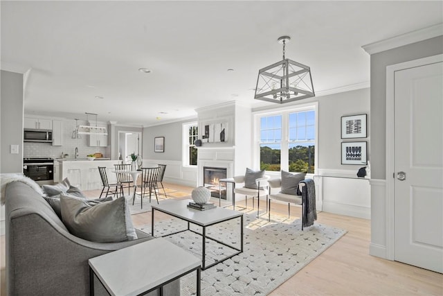 0 Greenwich Blvd Unit 203, East Greenwich, RI 02818 - living room with ornamental molding, a chandelier, a glass covered fireplace, light wood-style floors, and wainscoting