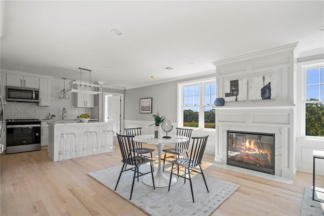 0 Greenwich Blvd Unit 203, East Greenwich, RI 02818 - dining area featuring ornamental molding, a fireplace, plenty of natural light, light wood-style flooring, and wainscoting