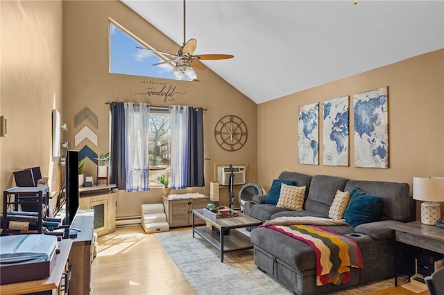 living room with wood finished floors, a wall unit AC, a fireplace, high vaulted ceiling, and ceiling fan