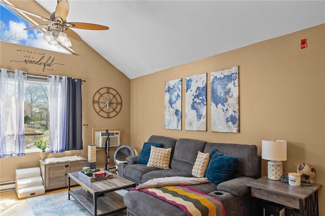living room with high vaulted ceiling, ceiling fan, wood finished floors, and a wall unit AC