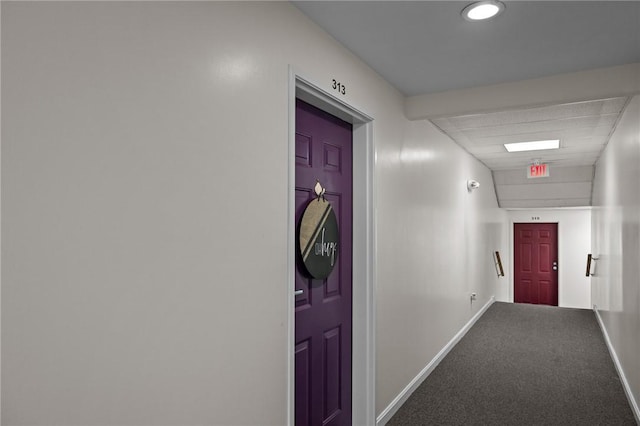 hallway with baseboards, carpet floors, and recessed lighting