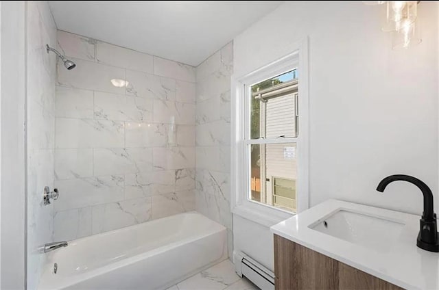 full bath featuring a baseboard radiator, tub / shower combination, marble finish floor, and vanity