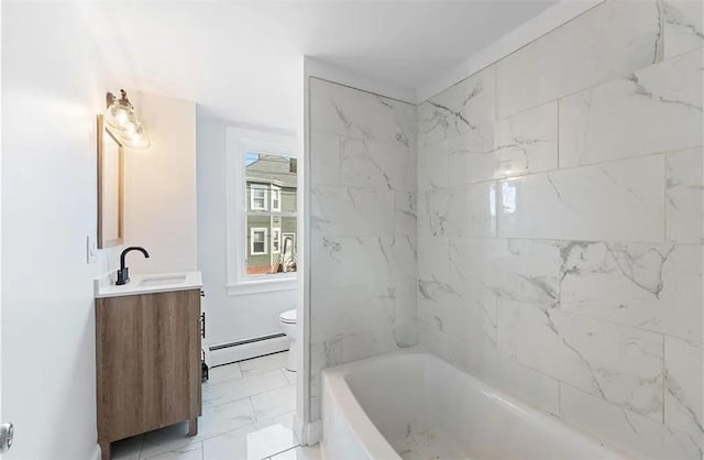 full bathroom featuring marble finish floor, vanity, toilet, and baseboard heating