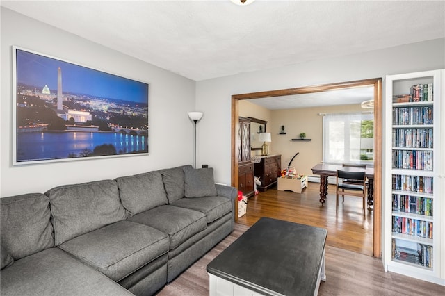 living area featuring baseboard heating and wood finished floors