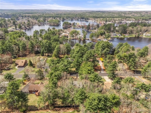drone / aerial view featuring a view of trees and a water view