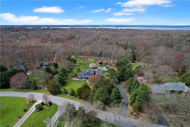 aerial view of property's location with a forest and a large body of water