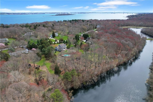 view of property location with a nearby body of water and a heavily wooded area