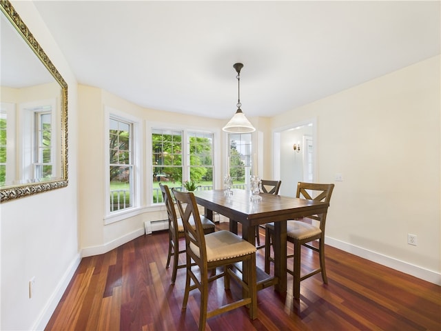dining space with baseboards, dark wood-style floors, and a baseboard heating unit
