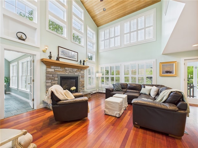 living room with high vaulted ceiling, wood finished floors, a fireplace, plenty of natural light, and wood ceiling
