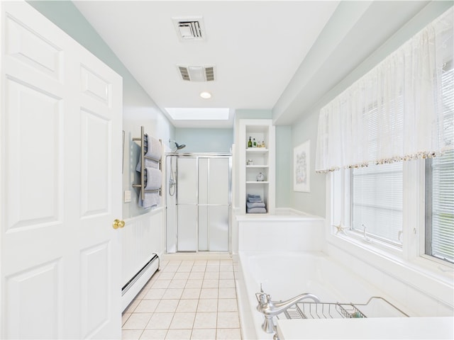 full bathroom with a baseboard radiator, a stall shower, a garden tub, tile patterned flooring, and a wainscoted wall