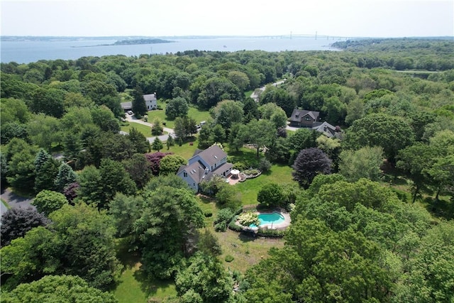 50 Intrepid Ln, Jamestown, RI 02835 - bird's eye view of a heavily wooded area, a nearby body of water, and a pool area