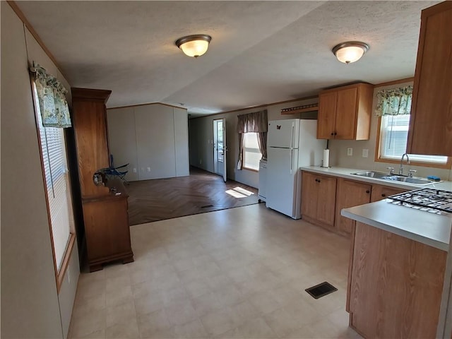 65 Wright Way, Coventry, RI 02816 - kitchen featuring a sink, light countertops, freestanding refrigerator, lofted ceiling, and light floors