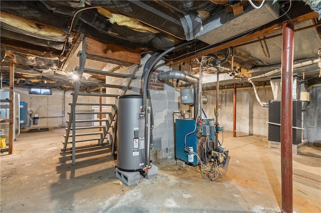 unfinished basement featuring water heater, stairway, a heating unit, and heating unit