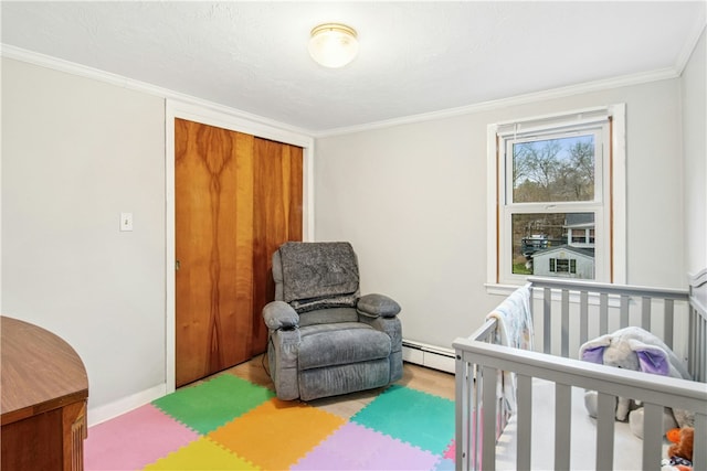 545 Victory Hwy, Burrillville, RI 02839 - bedroom with a baseboard radiator, wood finished floors, crown molding, and baseboards