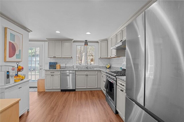 kitchen featuring under cabinet range hood, appliances with stainless steel finishes, a sink, and light wood-style floors