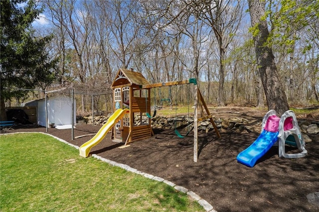 view of play area featuring a lawn