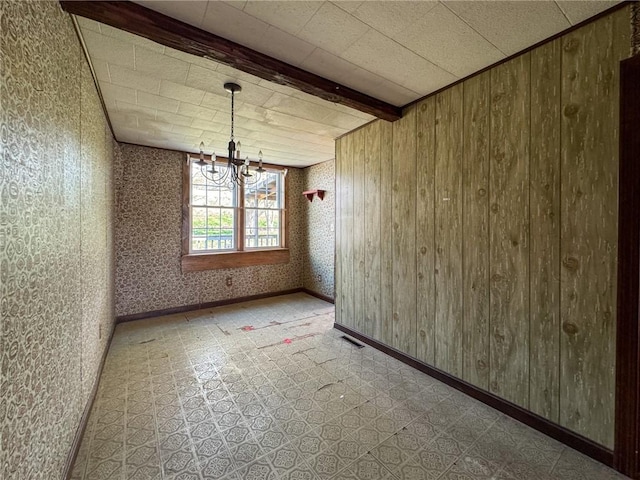 8 Tucker Ave, Tiverton, RI 02878 - unfurnished dining area with tile patterned floors, beam ceiling, baseboards, a chandelier, and wooden walls