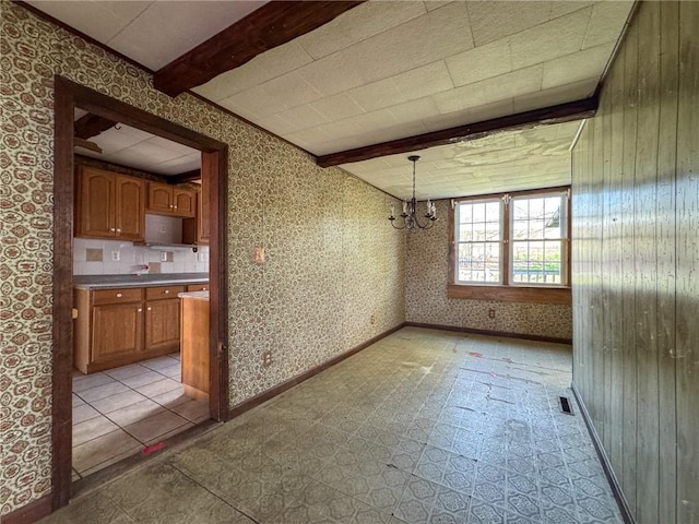 8 Tucker Ave, Tiverton, RI 02878 - unfurnished dining area with wallpapered walls, an inviting chandelier, visible vents, beam ceiling, and baseboards
