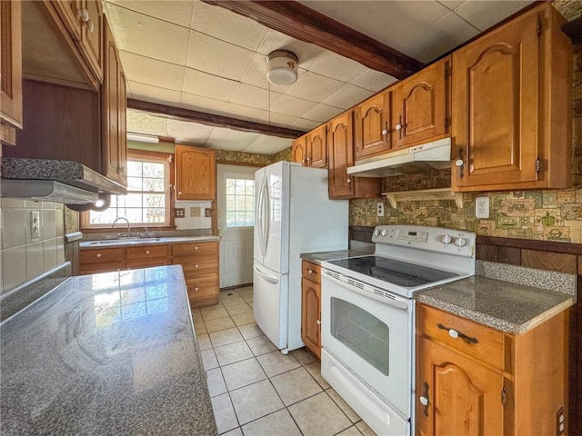 8 Tucker Ave, Tiverton, RI 02878 - kitchen featuring a sink, brown cabinets, white appliances, light tile patterned floors, and under cabinet range hood