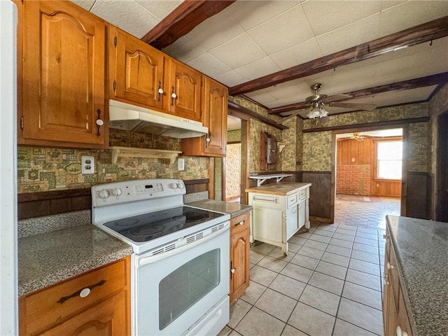 8 Tucker Ave, Tiverton, RI 02878 - kitchen featuring white range with electric stovetop, wallpapered walls, ceiling fan, a wainscoted wall, and under cabinet range hood