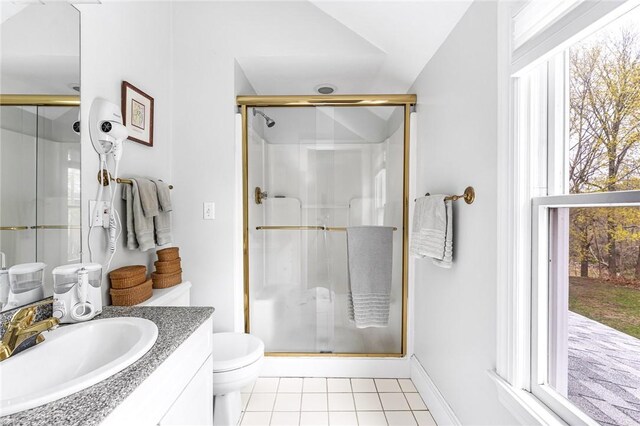 bathroom featuring tile patterned flooring, a stall shower, a wealth of natural light, and vanity