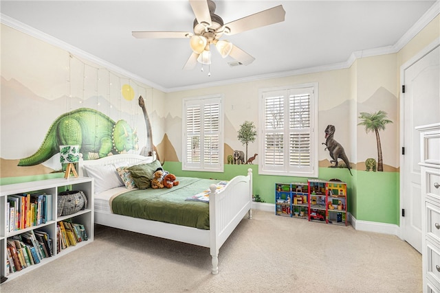 bedroom with baseboards, ornamental molding, carpet, and visible vents