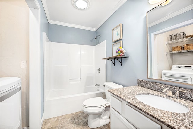 full bath with vanity, ornamental molding, toilet, independent washer and dryer, and shower / washtub combination