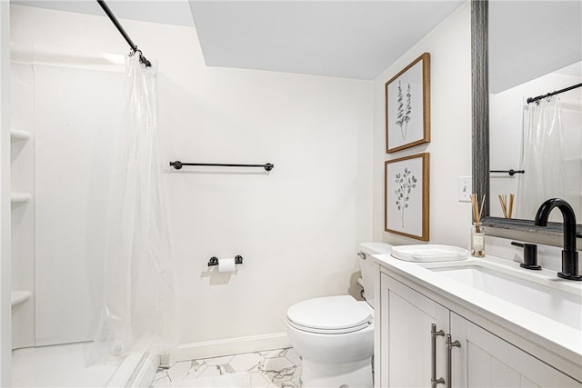 full bath featuring a shower with curtain, baseboards, vanity, toilet, and marble finish floor